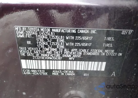 2017 Toyota Rav4 Le из США, поврежденный, VIN 2T3ZFREV0HW356387